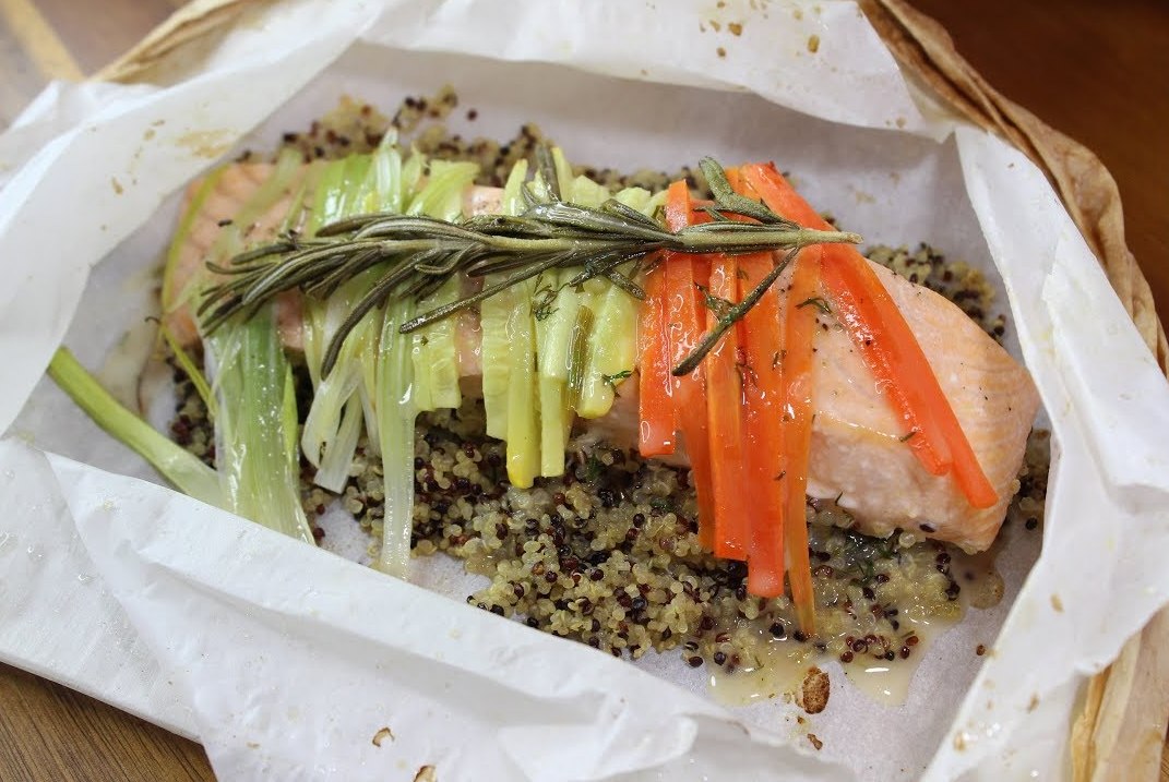 Salmon in the Pouch with Quinoa and Spring Vegetables,drizzled with Lemon Butter Sauce!